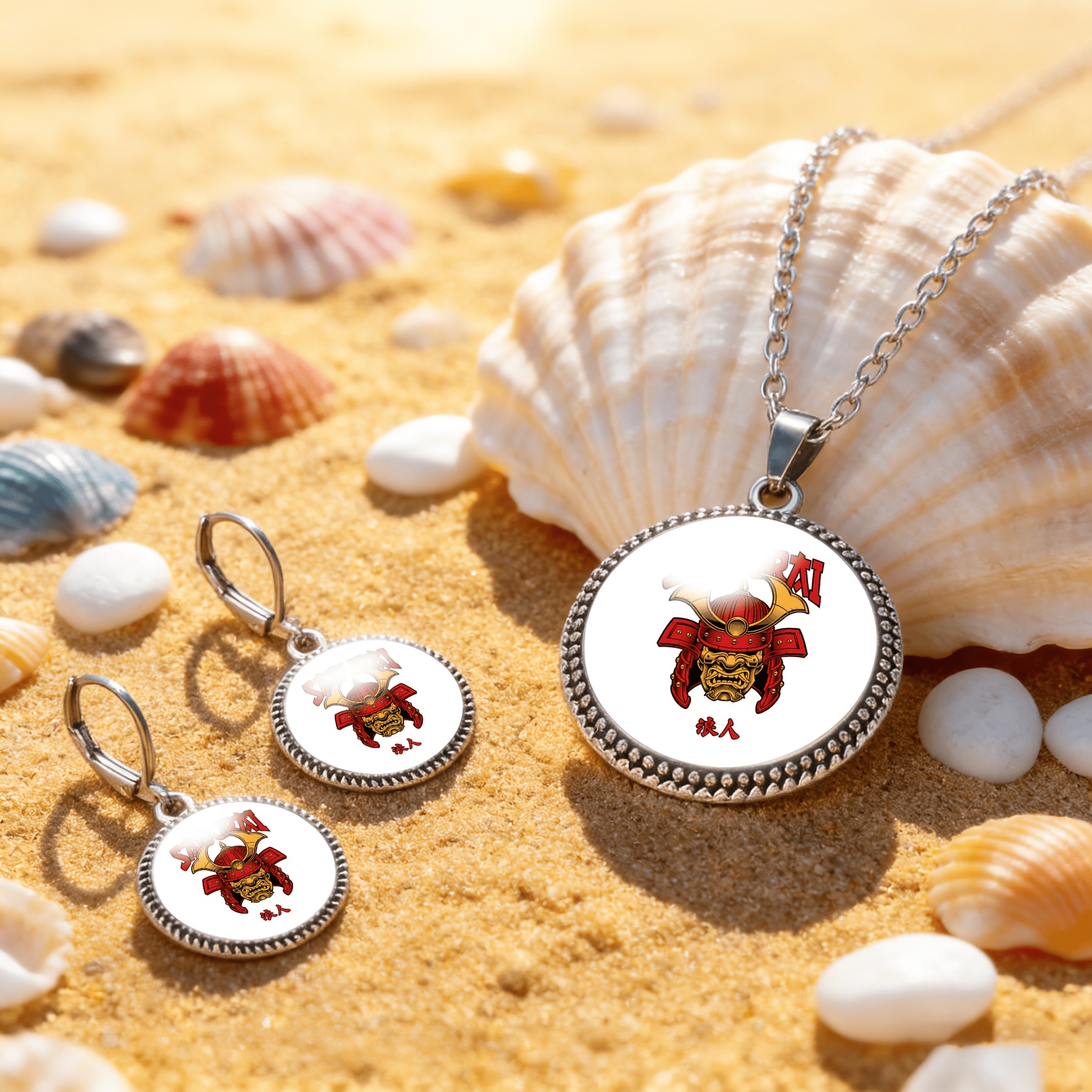 3pc Women's Round Glass Base Classic Jewelry Set, Samurai Design